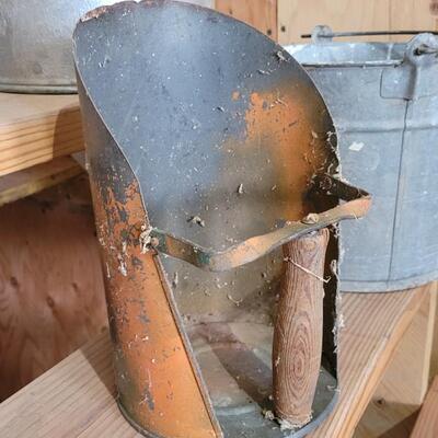 Lot 61: Vintage Farmhouse Farm Accessories - Pitcher, Metal Pail and Funnel