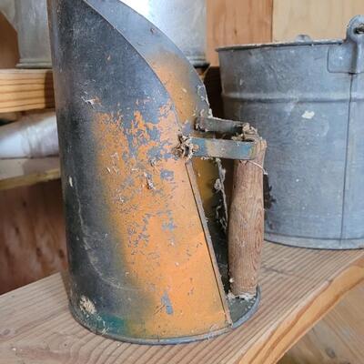 Lot 61: Vintage Farmhouse Farm Accessories - Pitcher, Metal Pail and Funnel