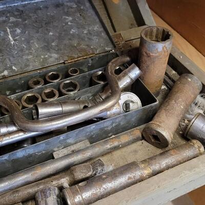 Lot 68: Assortment of Vintage Tools inside Handmade Outer FolkArt Handmade Farmhouse Wooden Case