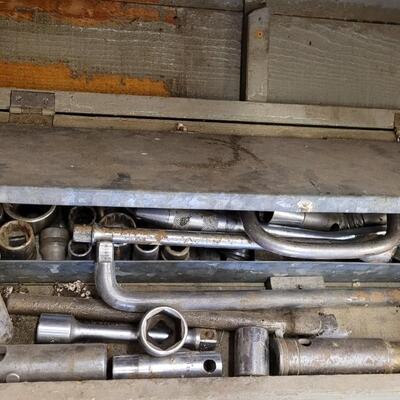Lot 68: Assortment of Vintage Tools inside Handmade Outer FolkArt Handmade Farmhouse Wooden Case