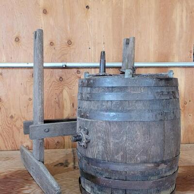 Lot 75: Antique Barrel Keg Butter Churn with Original Wood Stand & Handle (photo of Handle will be added)