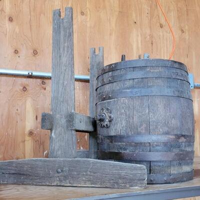 Lot 75: Antique Barrel Keg Butter Churn with Original Wood Stand & Handle (photo of Handle will be added)