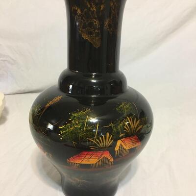 Handpainted Black Multicolor Lacquer 11 Large Vase