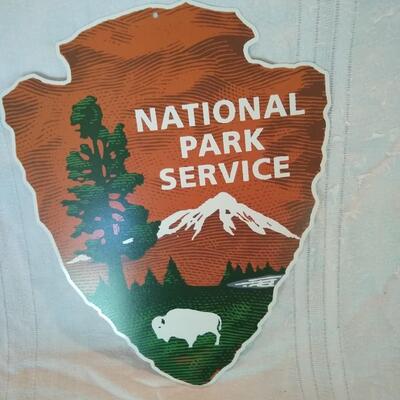 Metal National Park Service Sign Arrowhead and Buffalo