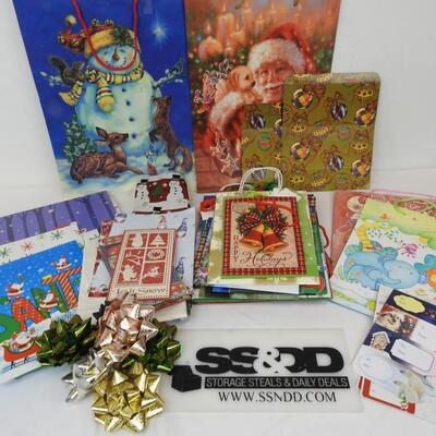 Lot of Holiday Gift Bags and Boxes, Santa, Snowman, Bells, Gift Tags