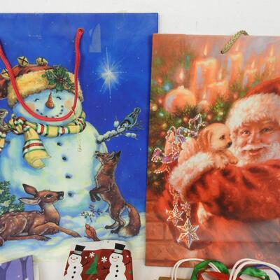 Lot of Holiday Gift Bags and Boxes, Santa, Snowman, Bells, Gift Tags