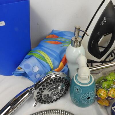 15 Item Bathroom Supply Lot: Soap Dispenser, Laundry Basket, Water Flosser, Iron