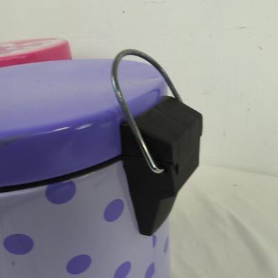 2 Trash Cans, Purple Polka Dots Can and Pink Heart Decorated Can