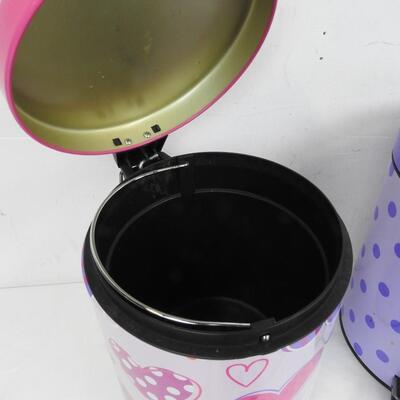 2 Trash Cans, Purple Polka Dots Can and Pink Heart Decorated Can