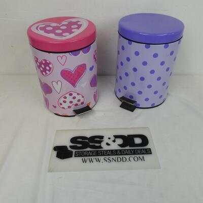 2 Trash Cans, Purple Polka Dots Can and Pink Heart Decorated Can