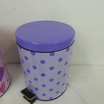 2 Trash Cans, Purple Polka Dots Can and Pink Heart Decorated Can