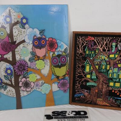 2 pc Art, Fuzzy Poster Tree Village, Owl Resin Wall Decor