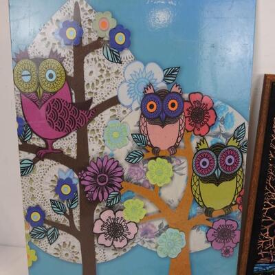 2 pc Art, Fuzzy Poster Tree Village, Owl Resin Wall Decor