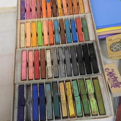 30+ Craft Lot: Square Pastel Chalk, rubber stamps, decorative paper/cardstock