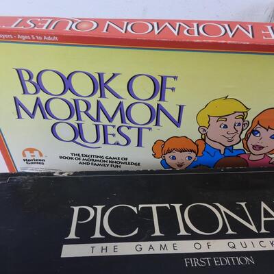 8 Games: Pictionary Juniors, Travel Scrabble, Dominoes, Book of Mormon Quest