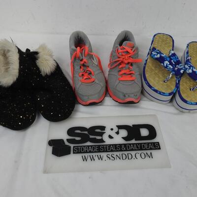 3 pairs Women's Shoes: Slippers 8, Nike 8.5, Platform Sandals, 8.5