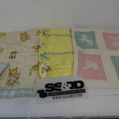 3 Vintage Baby Blankets, 2 Quilted, 1 Hand Knit - Vintage