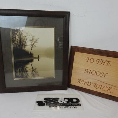 2 pc Wall Art: Framed Photo Lake & trees, Wooden Carved 