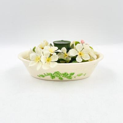 VINTAGE â€œOVEN SERVEâ€ OVAL DISH W/FAUX FLOWERS & CANDLE