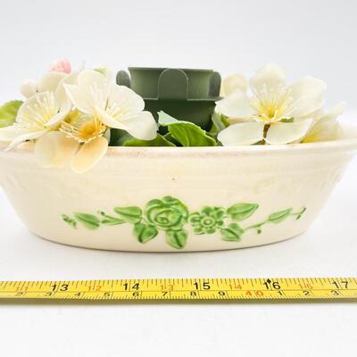 VINTAGE â€œOVEN SERVEâ€ OVAL DISH W/FAUX FLOWERS & CANDLE