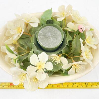 VINTAGE â€œOVEN SERVEâ€ OVAL DISH W/FAUX FLOWERS & CANDLE