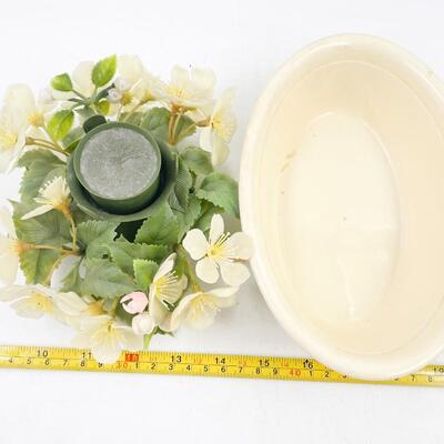 VINTAGE â€œOVEN SERVEâ€ OVAL DISH W/FAUX FLOWERS & CANDLE