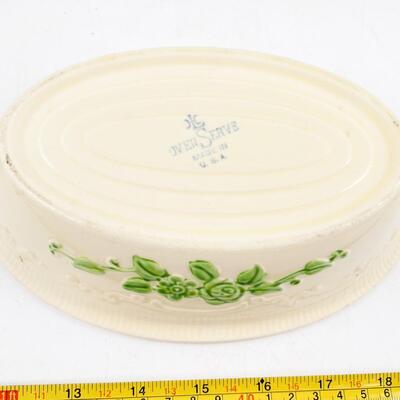 VINTAGE â€œOVEN SERVEâ€ OVAL DISH W/FAUX FLOWERS & CANDLE