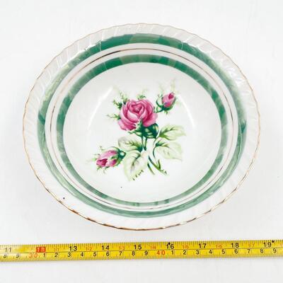 VINTAGE 7â€ GREEN BAND & FLORAL CHINA BOWL