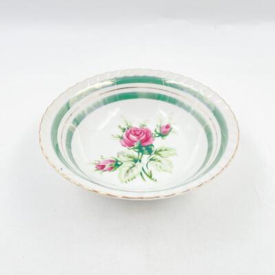 VINTAGE 7â€ GREEN BAND & FLORAL CHINA BOWL