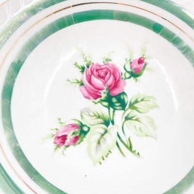 VINTAGE 7â€ GREEN BAND & FLORAL CHINA BOWL