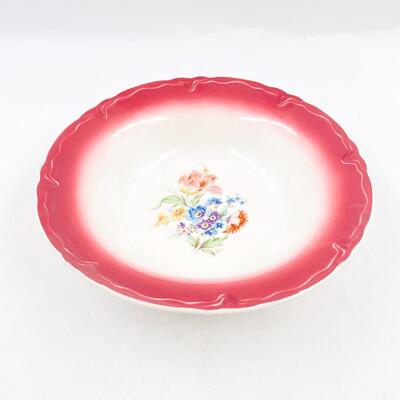 VINTAGE 10â€ RED/PINK BAND FLORAL BOWL
