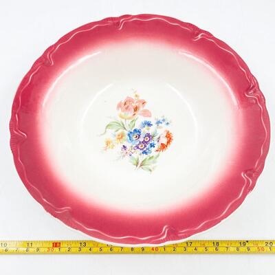 VINTAGE 10â€ RED/PINK BAND FLORAL BOWL