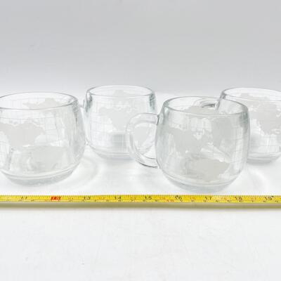 VINTAGE NESTLE CO 3â€ ETCHED GLASS WORLD MAP MUGS (8)