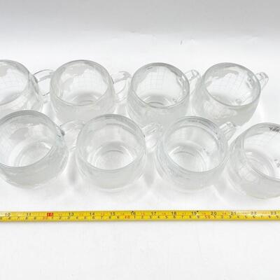 VINTAGE NESTLE CO 3â€ ETCHED GLASS WORLD MAP MUGS (8)