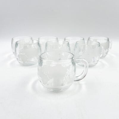 VINTAGE NESTLE CO 3â€ ETCHED GLASS WORLD MAP MUGS (8)