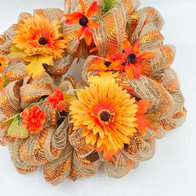 16â€ BURLAP & FLORAL FALL WREATH