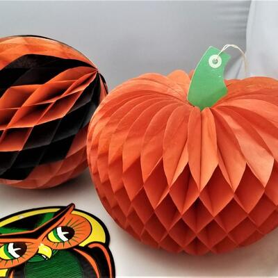 Lot #355  Vintage Halloween Lot - 2 honeycomb decorations and a Beistle Owl