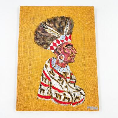 NATIVE AMERICAN CHIEF PAINTING ON BURLAP - SIGNED â€œMIDGEâ€