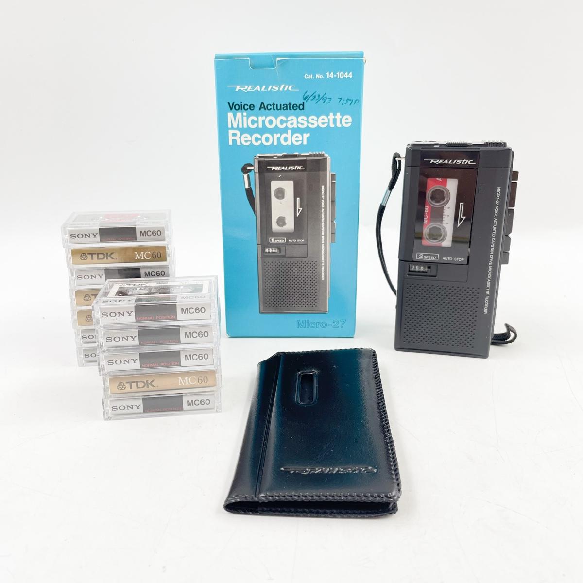 VINTAGE REALISTIC MICROCASSETTE RECORDER, CASE, & TAPES