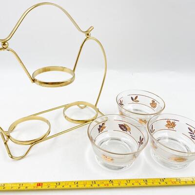 VINTAGE 9â€ X 9â€ LIBBEY GOLD LEAF CONDIMENT BOWL SET W/ CADDY