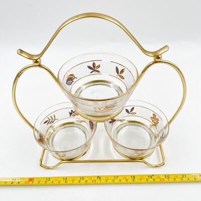 VINTAGE 9â€ X 9â€ LIBBEY GOLD LEAF CONDIMENT BOWL SET W/ CADDY