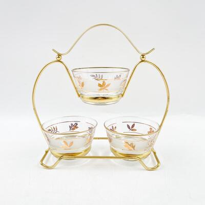 VINTAGE 9â€ X 9â€ LIBBEY GOLD LEAF CONDIMENT BOWL SET W/ CADDY
