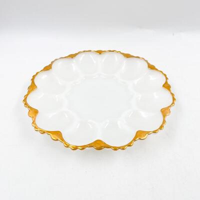 VINTAGE MILK GLASS & GOLD DEVILED EGG DISH