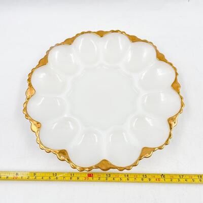 VINTAGE MILK GLASS & GOLD DEVILED EGG DISH