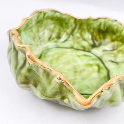 HANDMADE 8â€ GREEN & GOLD POTTERY BOWL - SIGNED â€œMARTHA BURKHEADâ€