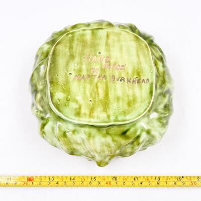 HANDMADE 8â€ GREEN & GOLD POTTERY BOWL - SIGNED â€œMARTHA BURKHEADâ€