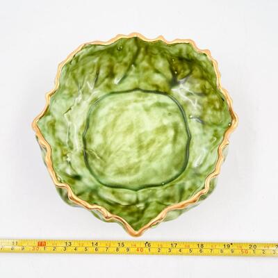 HANDMADE 8â€ GREEN & GOLD POTTERY BOWL - SIGNED â€œMARTHA BURKHEADâ€