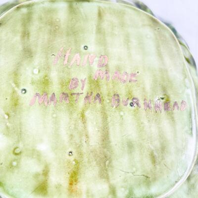 HANDMADE 8â€ GREEN & GOLD POTTERY BOWL - SIGNED â€œMARTHA BURKHEADâ€