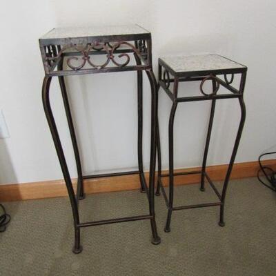 LOT 7  TWO METAL FRAMED PLANT STANDS WITH MARBLE TOPS