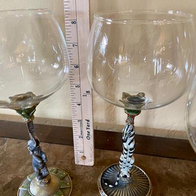 Set of 4 Unique Wine Glasses with Heavy Metal Decorative Stems